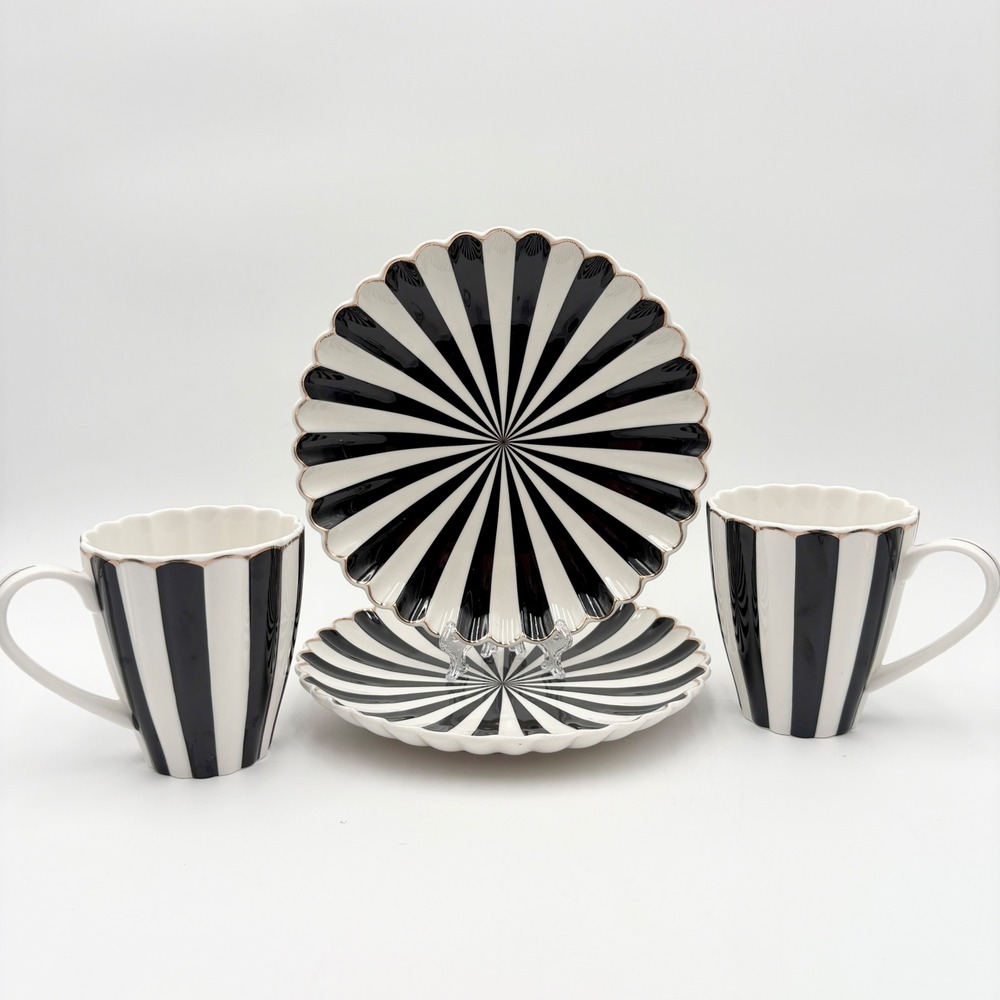 Grace Teaware Striped Tea Set, 4pc Black and White Coffee Mugs‎ Dessert Plates